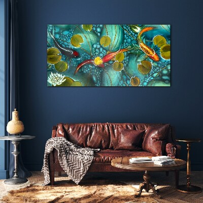 Bild auf glas Wasserspiegelungen mit Fischen und Seerosen