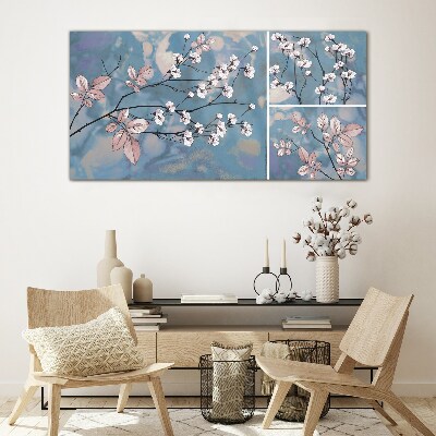 Glasbild Blumenzweige auf blauem Hintergrund