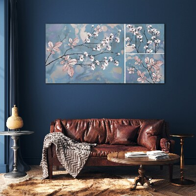 Glasbild Blumenzweige auf blauem Hintergrund