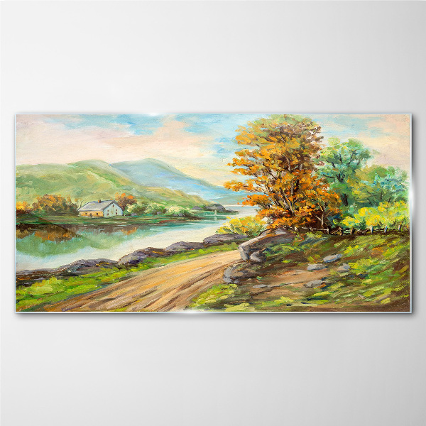 Glasbild Eine friedliche Landschaft am Fluss