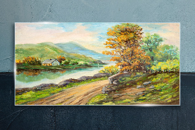 Glasbild Eine friedliche Landschaft am Fluss