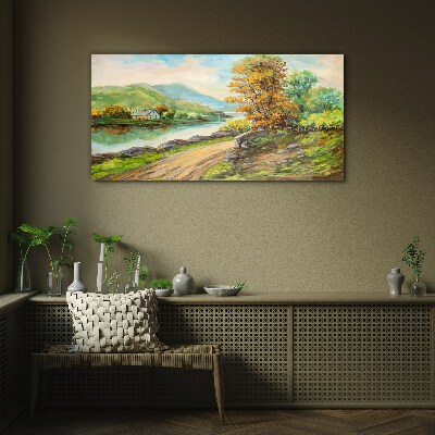 Glasbild Eine friedliche Landschaft am Fluss