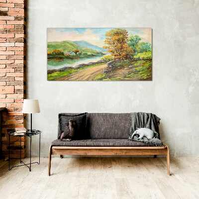 Glasbild Eine friedliche Landschaft am Fluss