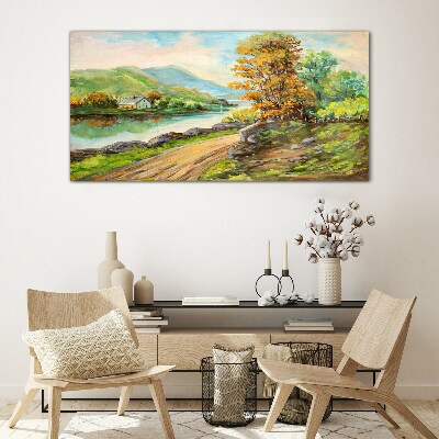 Glasbild Eine friedliche Landschaft am Fluss