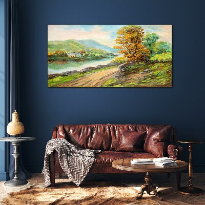 Glasbild Eine friedliche Landschaft am Fluss