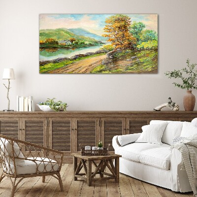 Glasbild Eine friedliche Landschaft am Fluss