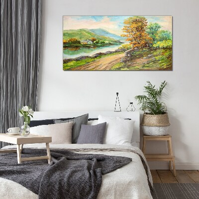 Glasbild Eine friedliche Landschaft am Fluss