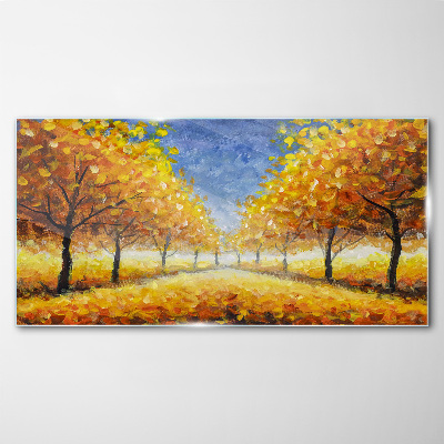 Glasbild Goldene Allee in herbstlicher Aura