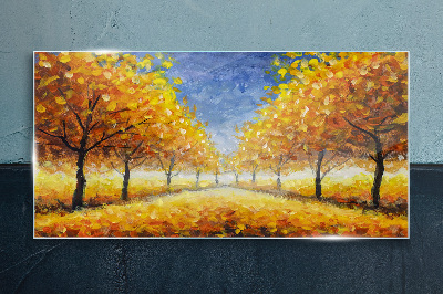 Glasbild Goldene Allee in herbstlicher Aura