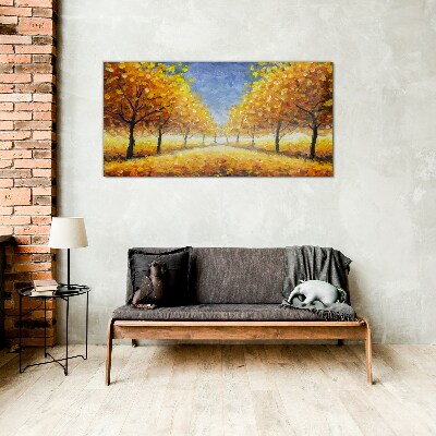 Glasbild Goldene Allee in herbstlicher Aura