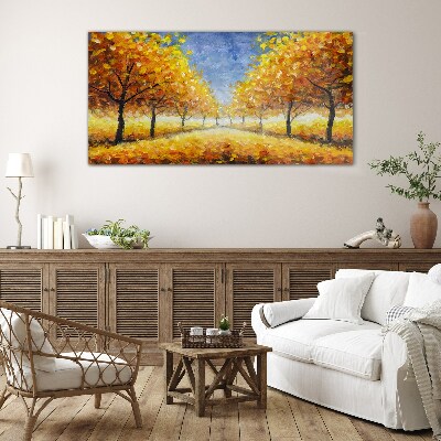 Glasbild Goldene Allee in herbstlicher Aura