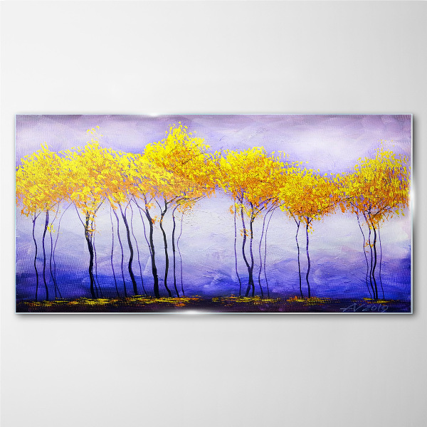 Glasbild Goldene Bäume in einer violetten Landschaft