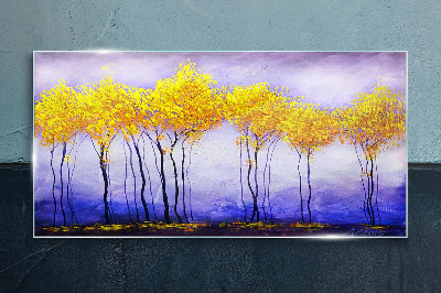 Glasbild Goldene Bäume in einer violetten Landschaft