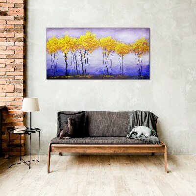 Glasbild Goldene Bäume in einer violetten Landschaft