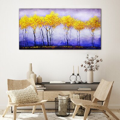 Glasbild Goldene Bäume in einer violetten Landschaft