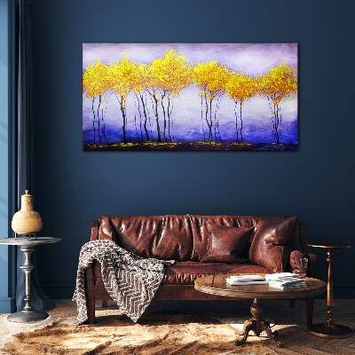 Glasbild Goldene Bäume in einer violetten Landschaft