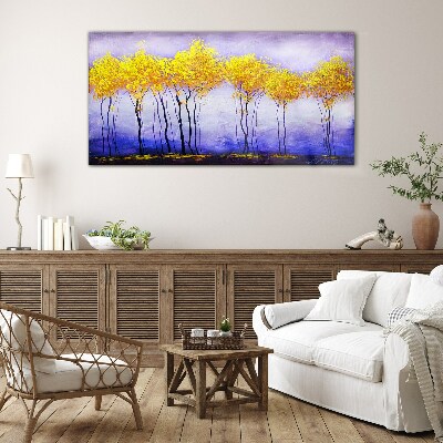Glasbild Goldene Bäume in einer violetten Landschaft