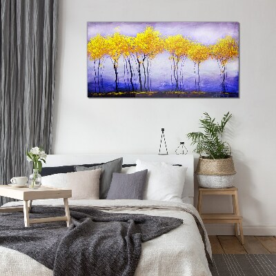 Glasbild Goldene Bäume in einer violetten Landschaft