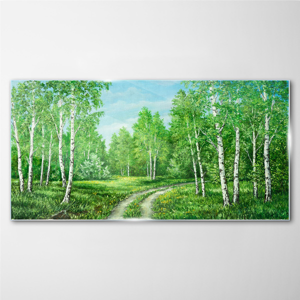 Glasbild Grüner Wald mit weißen Birken