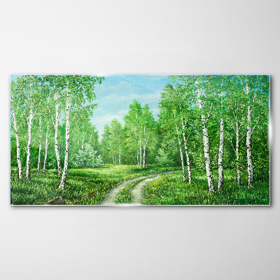 Glasbild Grüner Wald mit weißen Birken