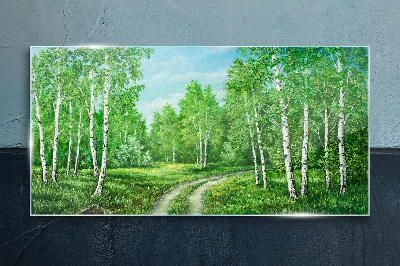 Glasbild Grüner Wald mit weißen Birken
