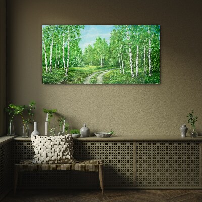 Glasbild Grüner Wald mit weißen Birken