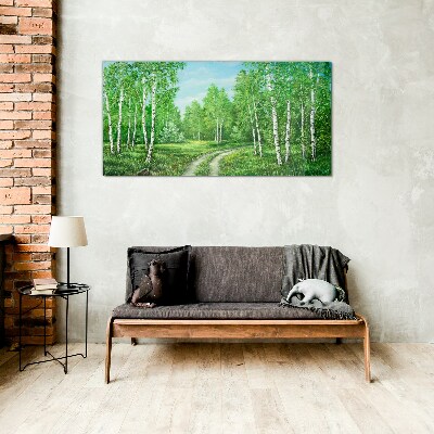 Glasbild Grüner Wald mit weißen Birken