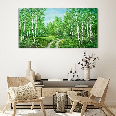 Glasbild Grüner Wald mit weißen Birken