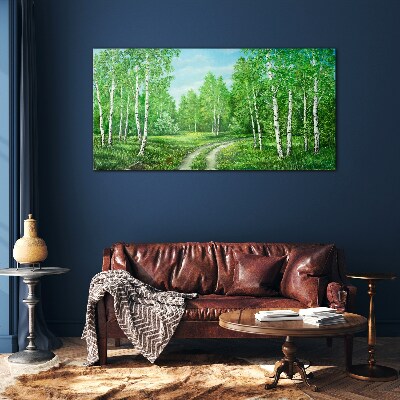 Glasbild Grüner Wald mit weißen Birken