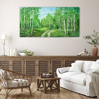 Glasbild Grüner Wald mit weißen Birken