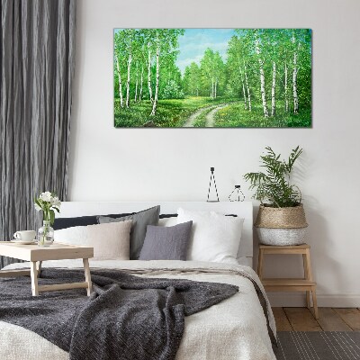 Glasbild Grüner Wald mit weißen Birken