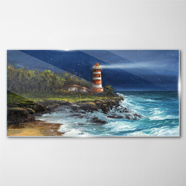Glasbild Ein Leuchtturm in stürmischer See