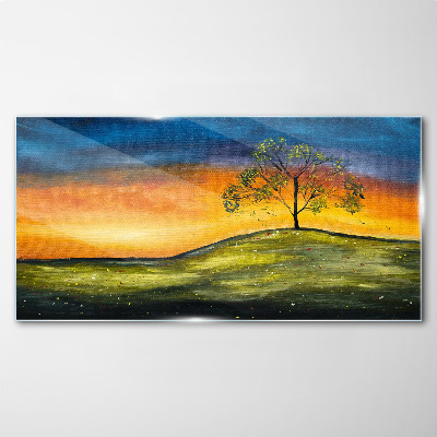 Foto glasbild Goldene Stunde über dem Hügel