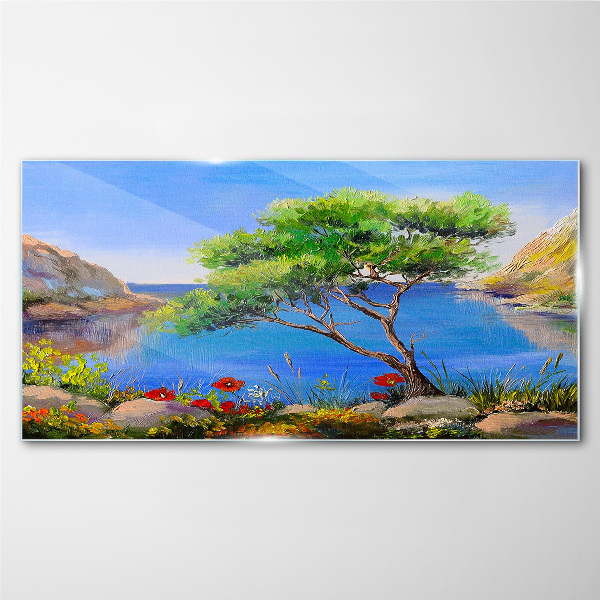 Glasbild Eine friedliche Landschaft am Wasser