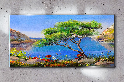 Glasbild Eine friedliche Landschaft am Wasser