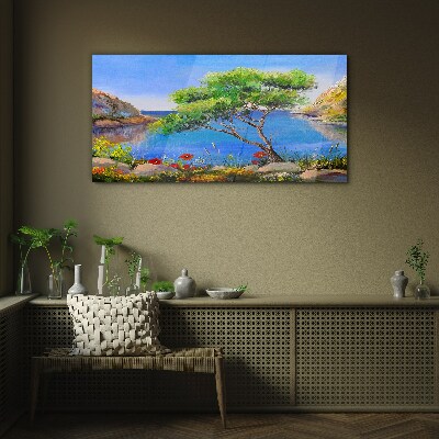 Glasbild Eine friedliche Landschaft am Wasser