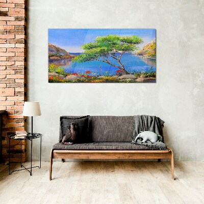 Glasbild Eine friedliche Landschaft am Wasser