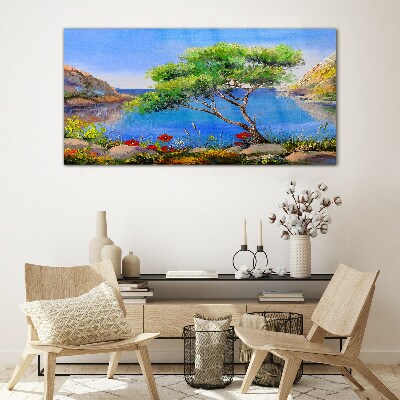 Glasbild Eine friedliche Landschaft am Wasser