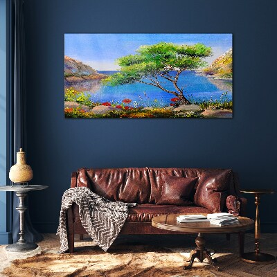 Glasbild Eine friedliche Landschaft am Wasser