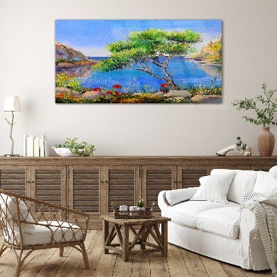 Glasbild Eine friedliche Landschaft am Wasser