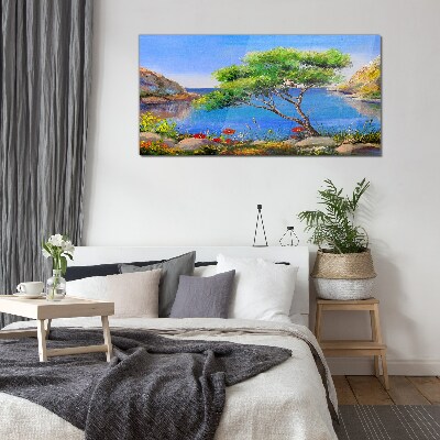 Glasbild Eine friedliche Landschaft am Wasser