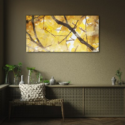 Glasbild Goldene Blätter in der Sonne