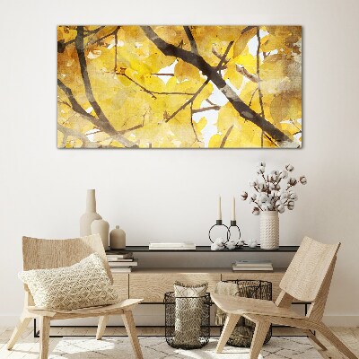 Glasbild Goldene Blätter in der Sonne
