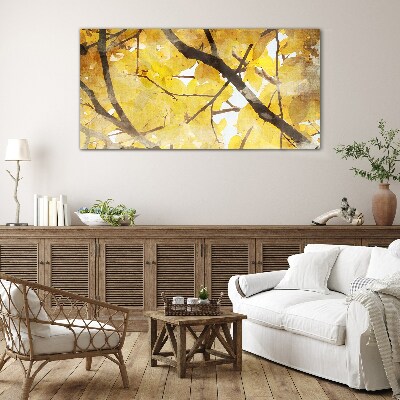 Glasbild Goldene Blätter in der Sonne