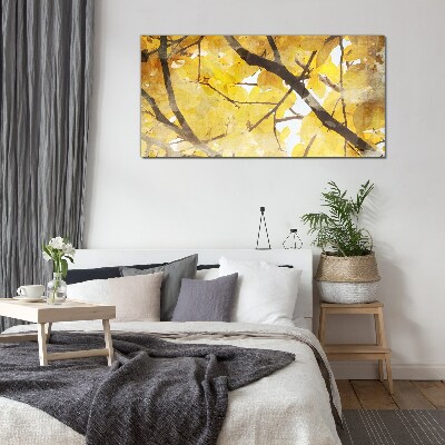 Glasbild Goldene Blätter in der Sonne
