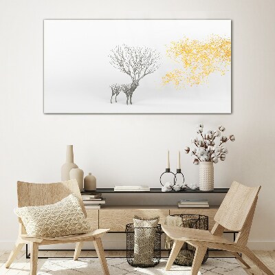 Glasbild Baum und Hirsch im Wind
