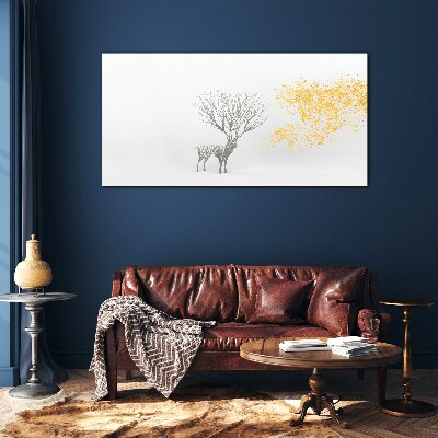 Glasbild Baum und Hirsch im Wind