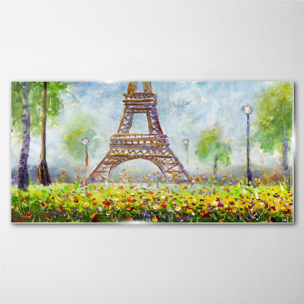 Glasbild Der Eiffelturm in floraler Umgebung