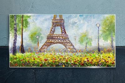 Glasbild Der Eiffelturm in floraler Umgebung