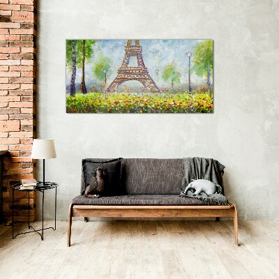 Glasbild Der Eiffelturm in floraler Umgebung